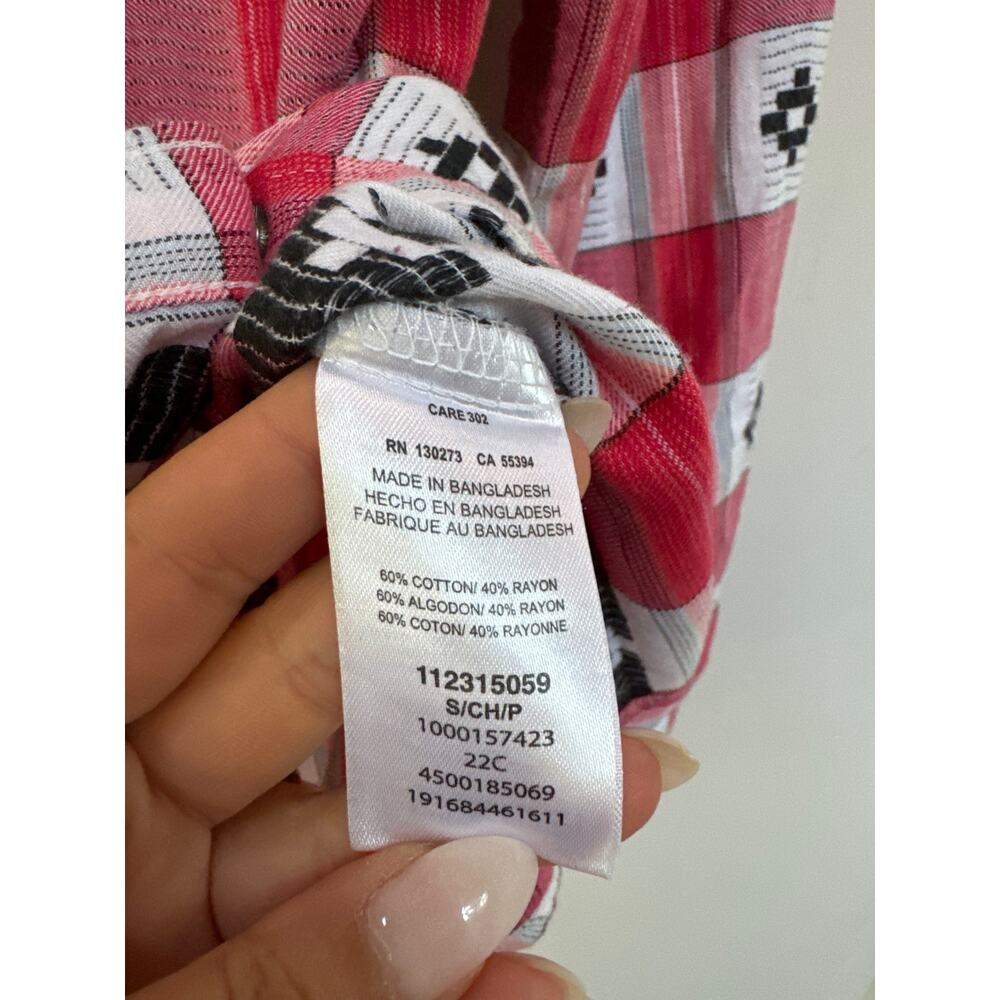 Wrangler Retro Button Up Western Shirt Pearl Snap Shirt Red Aztec Plaid Cowgirl - Picture 5 of 6
